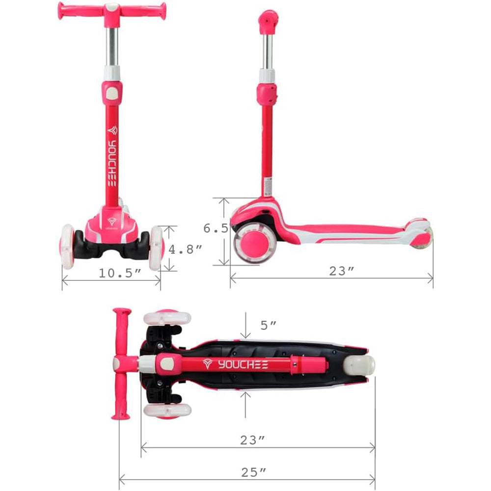 Youchee™ 3 Wheels Kick Scooter for Kids Ages 5-12, with Built-in LED Light-Up Wheels, Adjustable Handlebar, Non-Slip Deck and Reliable Brake, Lean-to-Steer Self Balancing.