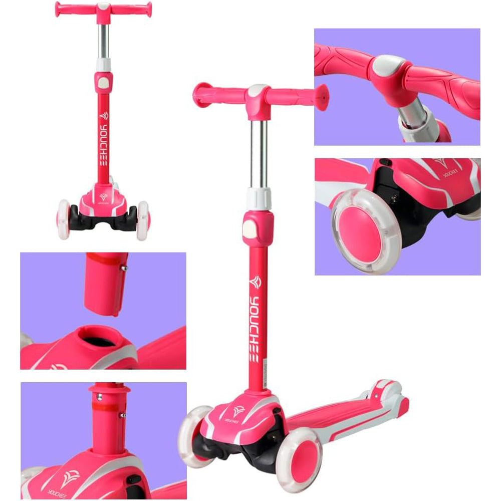 Youchee™ 3 Wheels Kick Scooter for Kids Ages 5-12, with Built-in LED Light-Up Wheels, Adjustable Handlebar, Non-Slip Deck and Reliable Brake, Lean-to-Steer Self Balancing.