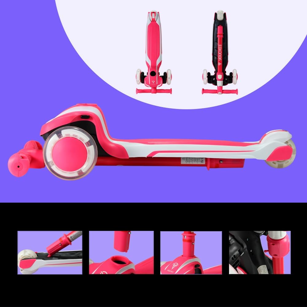 Youchee™ 3 Wheels Kick Scooter for Kids Ages 5-12, with Built-in LED Light-Up Wheels, Adjustable Handlebar, Non-Slip Deck and Reliable Brake, Lean-to-Steer Self Balancing.