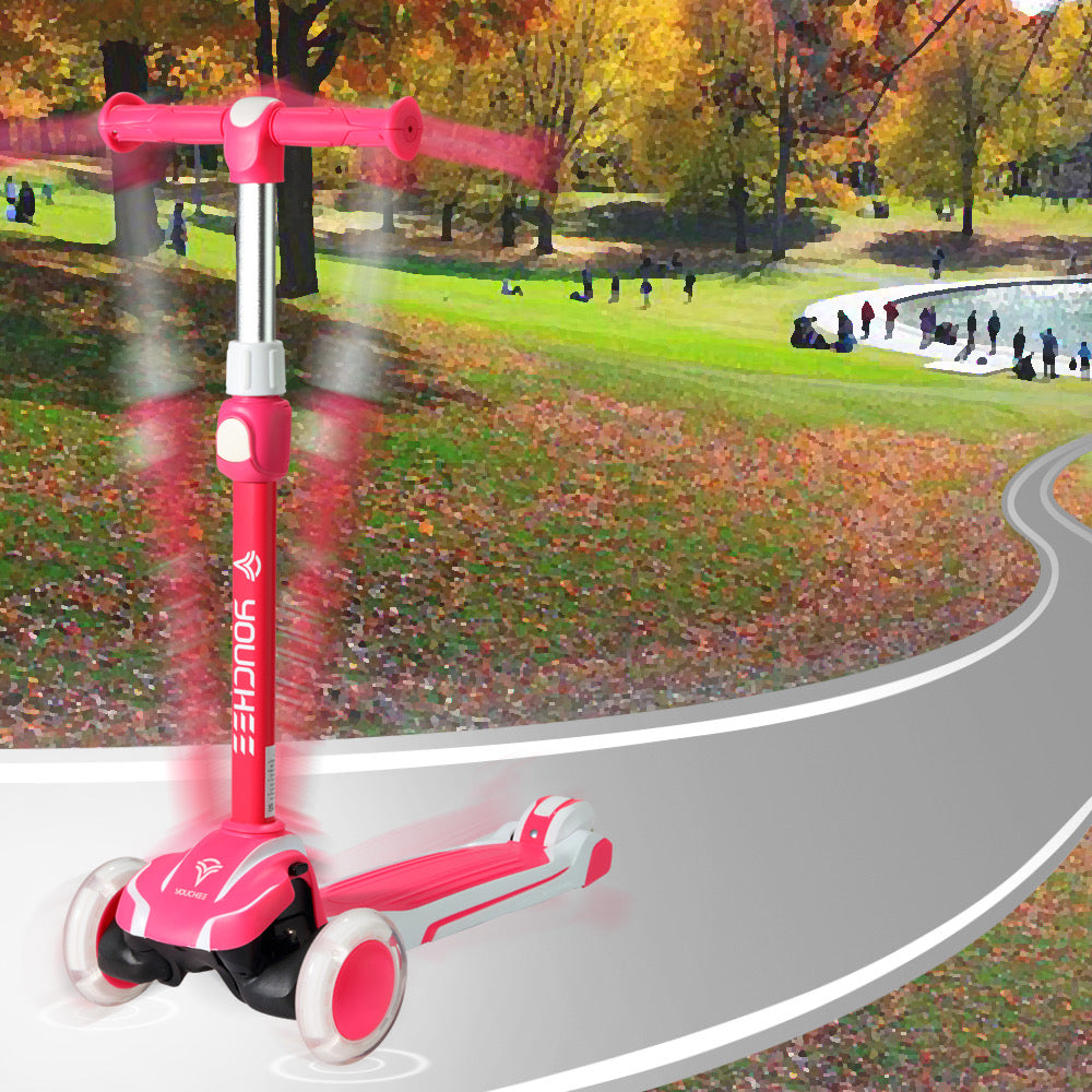 Youchee™ 3 Wheels Kick Scooter for Kids Ages 5-12, with Built-in LED Light-Up Wheels, Adjustable Handlebar, Non-Slip Deck and Reliable Brake, Lean-to-Steer Self Balancing.