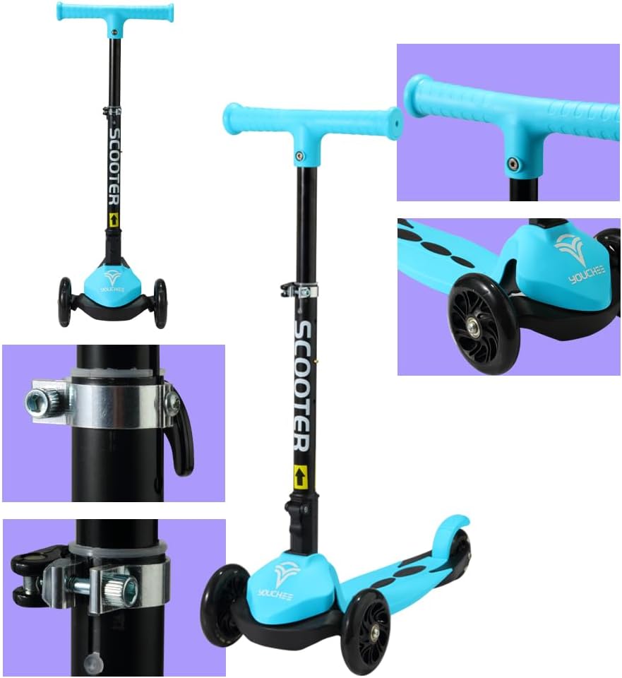 Youchee™ 3 Wheels Kick Scooter for Kids Ages 3+, with Built-in LED Light-Up Wheels, Adjustable Handlebar, Foldable Stand, Non-Slip Deck, Reliable Brakes, Lean-to-Steer Self Balancing.