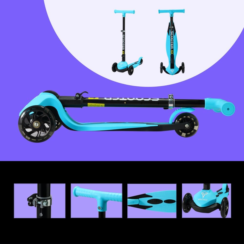 Youchee™ 3 Wheels Kick Scooter for Kids Ages 3+, with Built-in LED Light-Up Wheels, Adjustable Handlebar, Foldable Stand, Non-Slip Deck, Reliable Brakes, Lean-to-Steer Self Balancing.