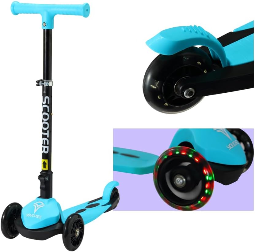 Youchee™ 3 Wheels Kick Scooter for Kids Ages 3+, with Built-in LED Light-Up Wheels, Adjustable Handlebar, Foldable Stand, Non-Slip Deck, Reliable Brakes, Lean-to-Steer Self Balancing.