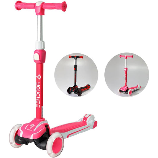 Youchee 3 Wheels Kick Scooter for Kids Ages 5-12, with Built-in LED Light-Up Wheels, Adjustable Handlebar, Non-Slip Deck and Reliable Brake, Lean-to-Steer Self Balancing.