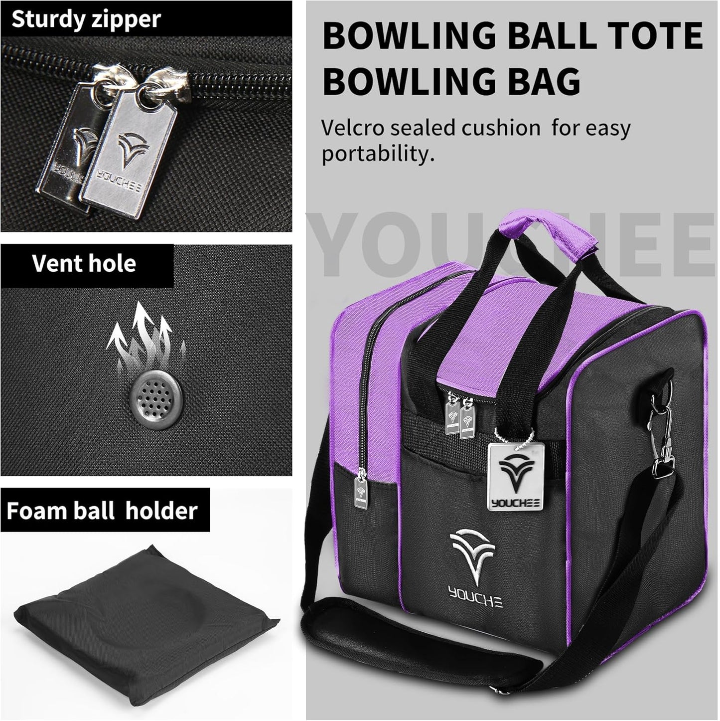 Youchee™ Bowling Ball Tote Bag with Padded Ball Holder, Holds One Bowling Ball, One Pair of Bowling Shoes Up to Mens Size 13, and multifunction Accessory Pockets.