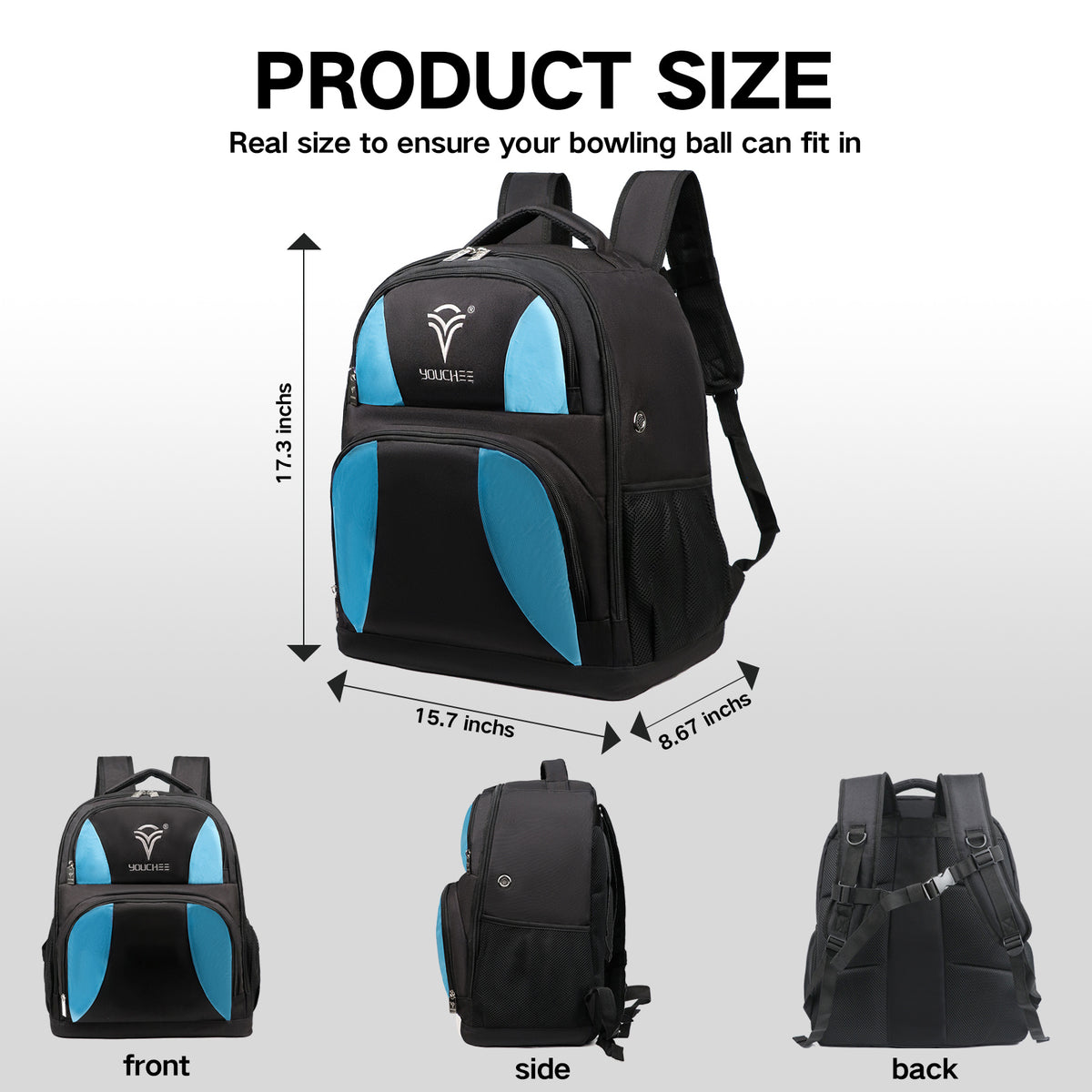 2 Ball Bowling Backpack, Holds 2 Bowling Balls, Bowling Shoe Compartment Fits Men's Size 15, Multiple Accessory Pockets, Padded Shoulder Straps, Bowling Gear Bag for Men & Women