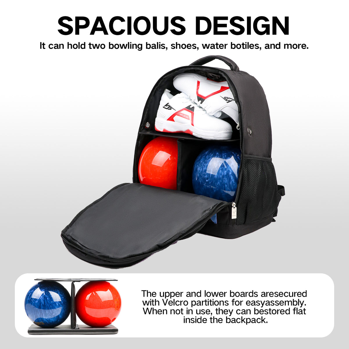 2 Ball Bowling Backpack, Holds 2 Bowling Balls, Bowling Shoe Compartment Fits Men's Size 15, Multiple Accessory Pockets, Padded Shoulder Straps, Bowling Gear Bag for Men & Women