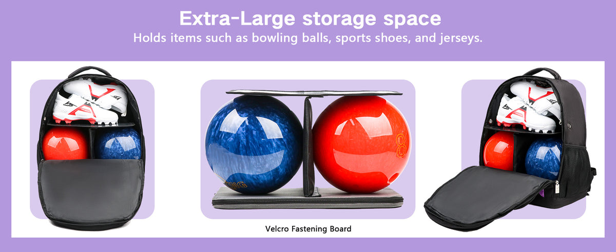2 Ball Bowling Backpack, Holds 2 Bowling Balls, Bowling Shoe Compartment Fits Men's Size 15, Multiple Accessory Pockets, Padded Shoulder Straps, Bowling Gear Bag for Men & Women