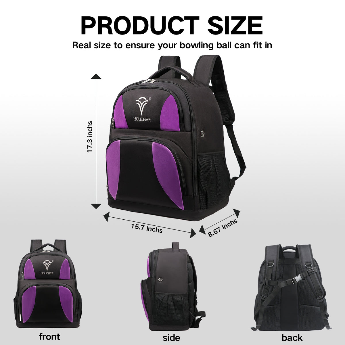2 Ball Bowling Backpack, Holds 2 Bowling Balls, Bowling Shoe Compartment Fits Men's Size 15, Multiple Accessory Pockets, Padded Shoulder Straps, Bowling Gear Bag for Men & Women