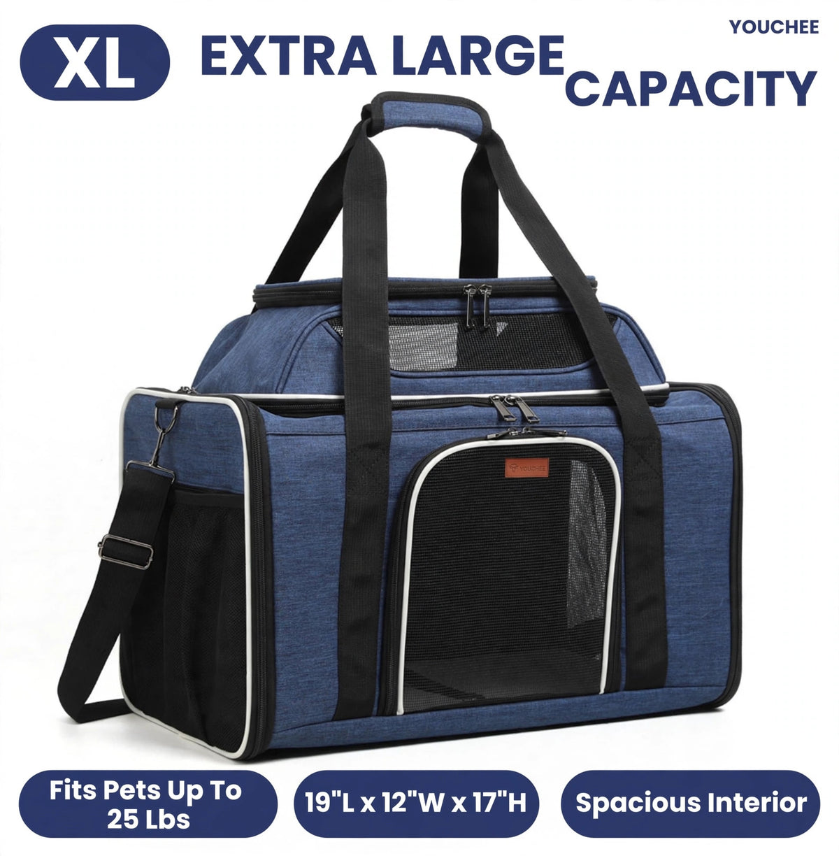 Youchee XL Soft-Sided Pet Carrier - 19" Extra Large Space for Cats & Dogs up to 25 lbs, Breathable Mesh Travel Bag, Sturdy & Collapsible Puppy Carrier for Road Trips and Vet Visits