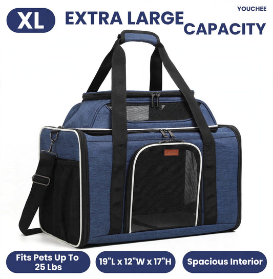 Youchee XL Soft-Sided Pet Carrier - 19" Extra Large Space for Cats & Dogs up to 25 lbs, Breathable Mesh Travel Bag, Sturdy & Collapsible Puppy Carrier for Road Trips and Vet Visits