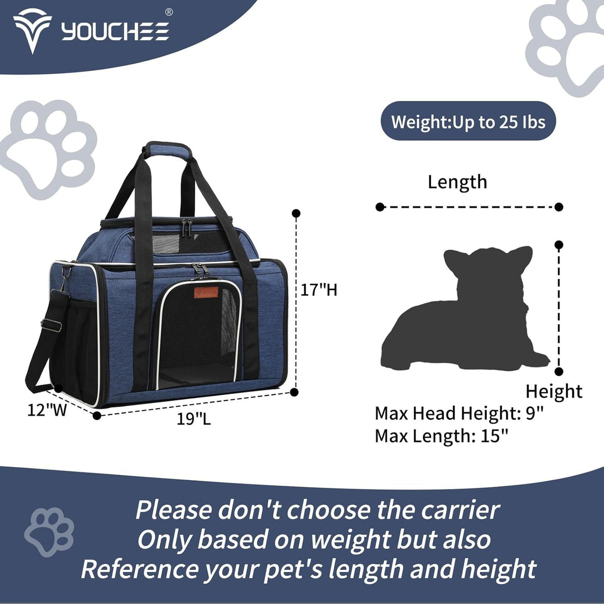 Youchee XL Soft-Sided Pet Carrier - 19" Extra Large Space for Cats & Dogs up to 25 lbs, Breathable Mesh Travel Bag, Sturdy & Collapsible Puppy Carrier for Road Trips and Vet Visits