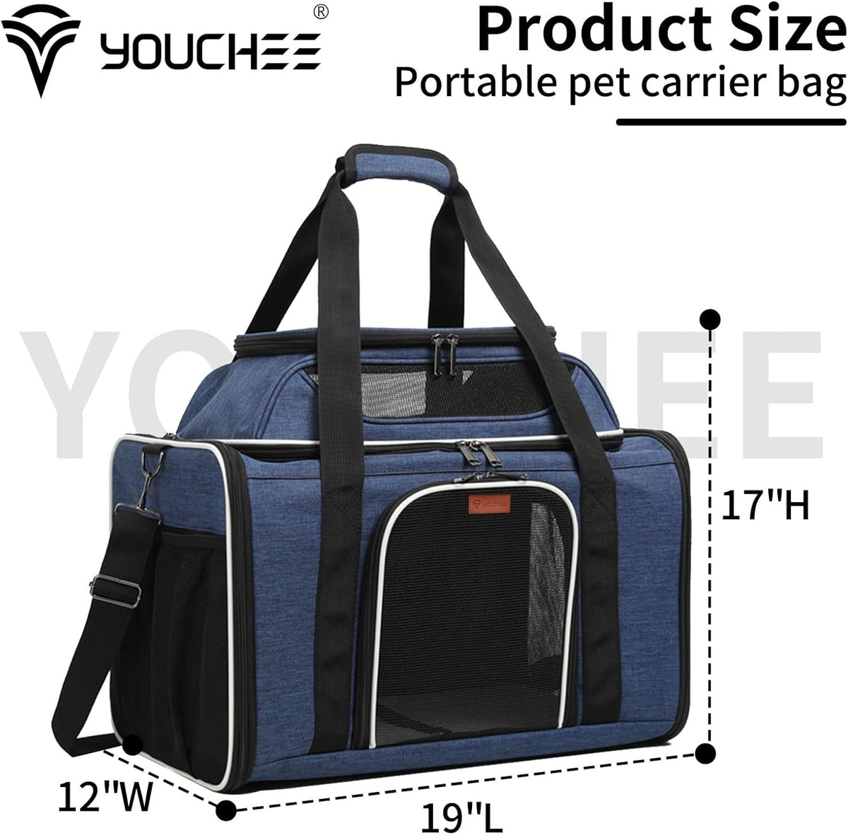 Youchee XL Soft-Sided Pet Carrier - 19" Extra Large Space for Cats & Dogs up to 25 lbs, Breathable Mesh Travel Bag, Sturdy & Collapsible Puppy Carrier for Road Trips and Vet Visits