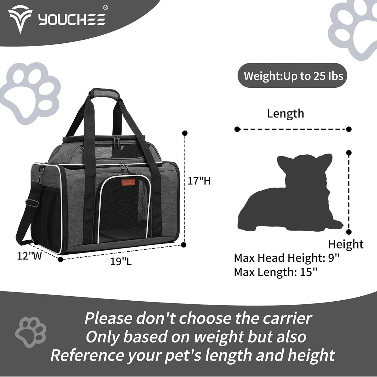 Youchee XL Soft-Sided Pet Carrier - 19" Extra Large Space for Cats & Dogs up to 25 lbs, Breathable Mesh Travel Bag, Sturdy & Collapsible Puppy Carrier for Road Trips and Vet Visits