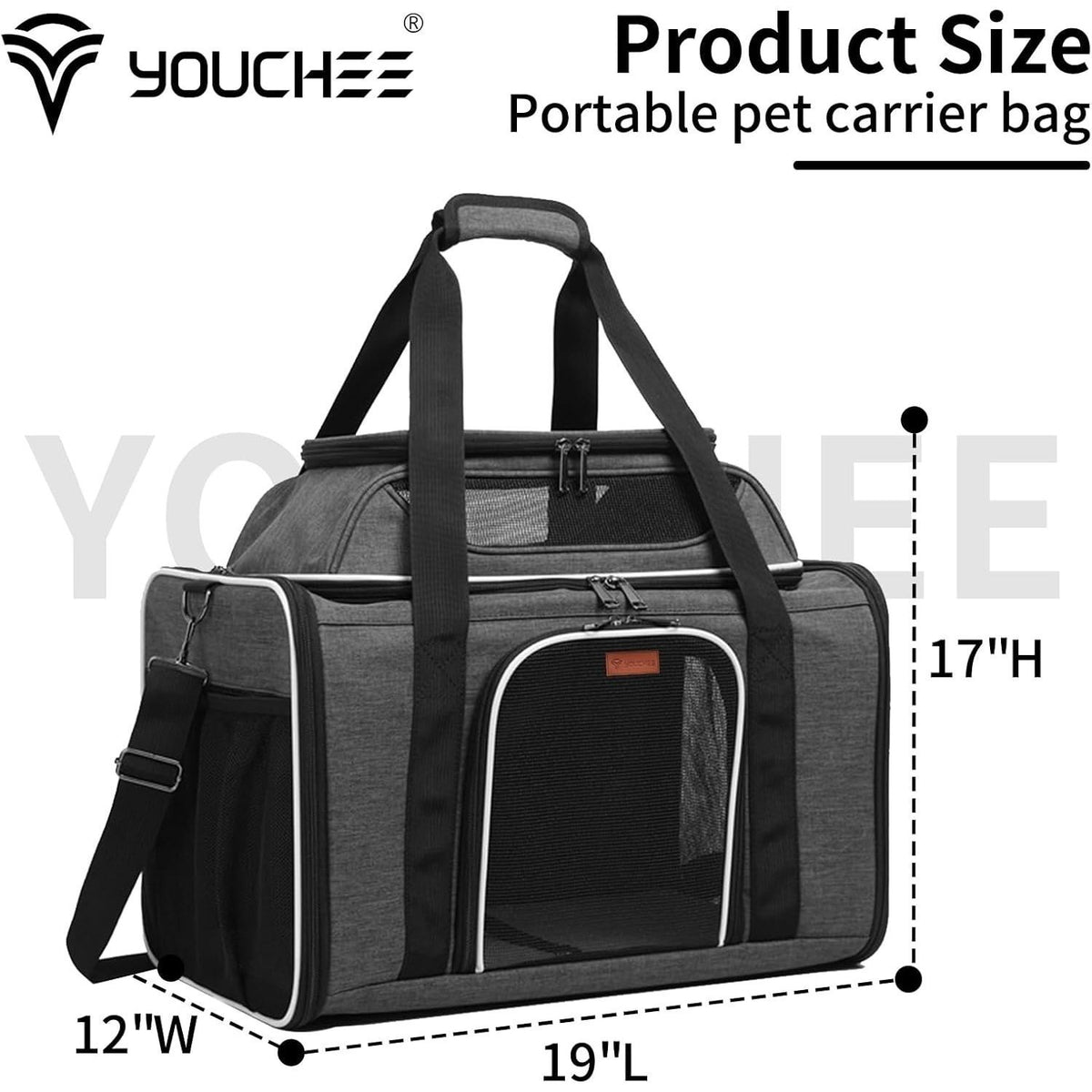 Youchee XL Soft-Sided Pet Carrier - 19" Extra Large Space for Cats & Dogs up to 25 lbs, Breathable Mesh Travel Bag, Sturdy & Collapsible Puppy Carrier for Road Trips and Vet Visits