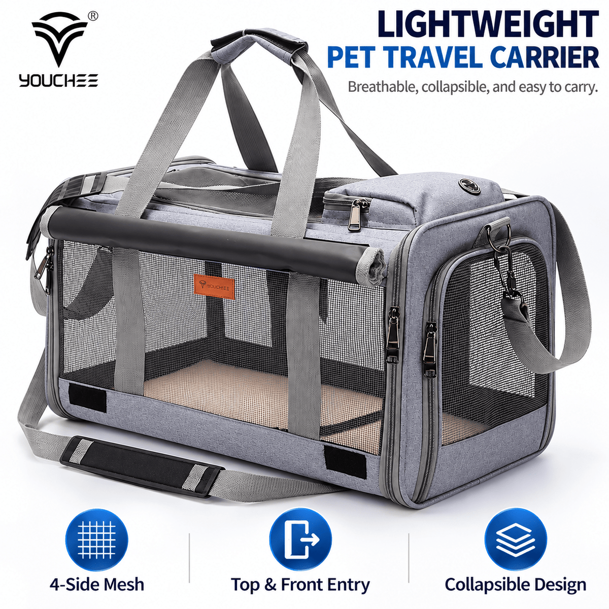 YOUCHEE Soft-Sided Pet Carrier for Cats & Small Dogs up to 20 lbs, 4-Side Mesh Travel Carrier with Top & Front Entry, Collapsible Pet Tote Bag with Removable Soft Mat