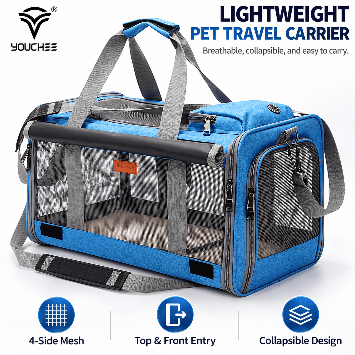 YOUCHEE Soft-Sided Pet Carrier for Cats & Small Dogs up to 20 lbs, 4-Side Mesh Travel Carrier with Top & Front Entry, Collapsible Pet Tote Bag with Removable Soft Mat