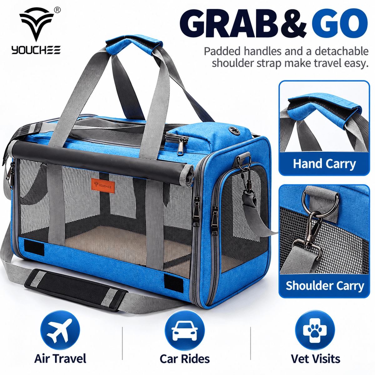 YOUCHEE Soft-Sided Pet Carrier for Cats & Small Dogs up to 20 lbs, 4-Side Mesh Travel Carrier with Top & Front Entry, Collapsible Pet Tote Bag with Removable Soft Mat